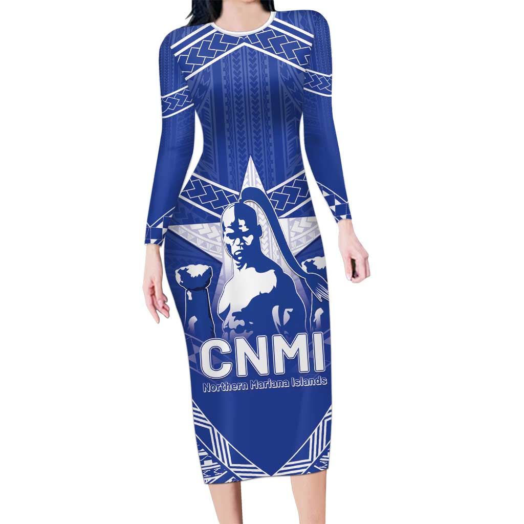 Northern Mariana Islands Family Matching Long Sleeve Bodycon Dress and Hawaiian Shirt Chamorro Warrior Tribal Pattern LT05 Mom's Dress Blue - Polynesian Pride