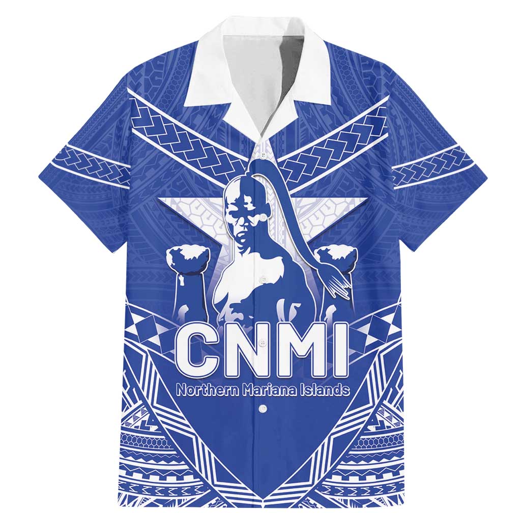 Northern Mariana Islands Family Matching Mermaid Dress and Hawaiian Shirt Chamorro Warrior Tribal Pattern LT05 Dad's Shirt - Short Sleeve Blue - Polynesian Pride
