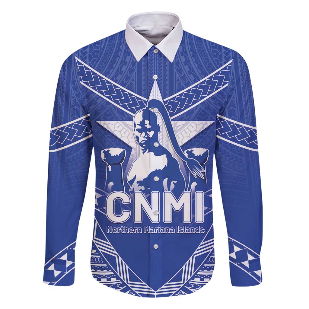 Northern Mariana Islands Family Matching Mermaid Dress and Hawaiian Shirt Chamorro Warrior Tribal Pattern LT05 Dad's Shirt - Long Sleeve Blue - Polynesian Pride