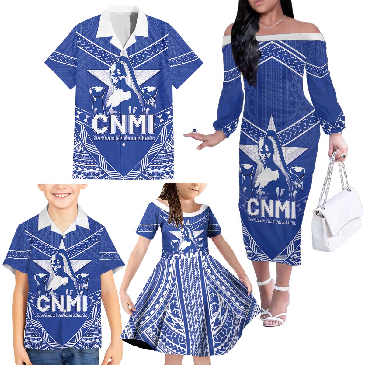 Northern Mariana Islands Family Matching Off The Shoulder Long Sleeve Dress and Hawaiian Shirt Chamorro Warrior Tribal Pattern LT05 - Polynesian Pride