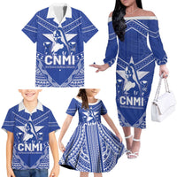 Northern Mariana Islands Family Matching Off The Shoulder Long Sleeve Dress and Hawaiian Shirt Chamorro Warrior Tribal Pattern LT05 - Polynesian Pride