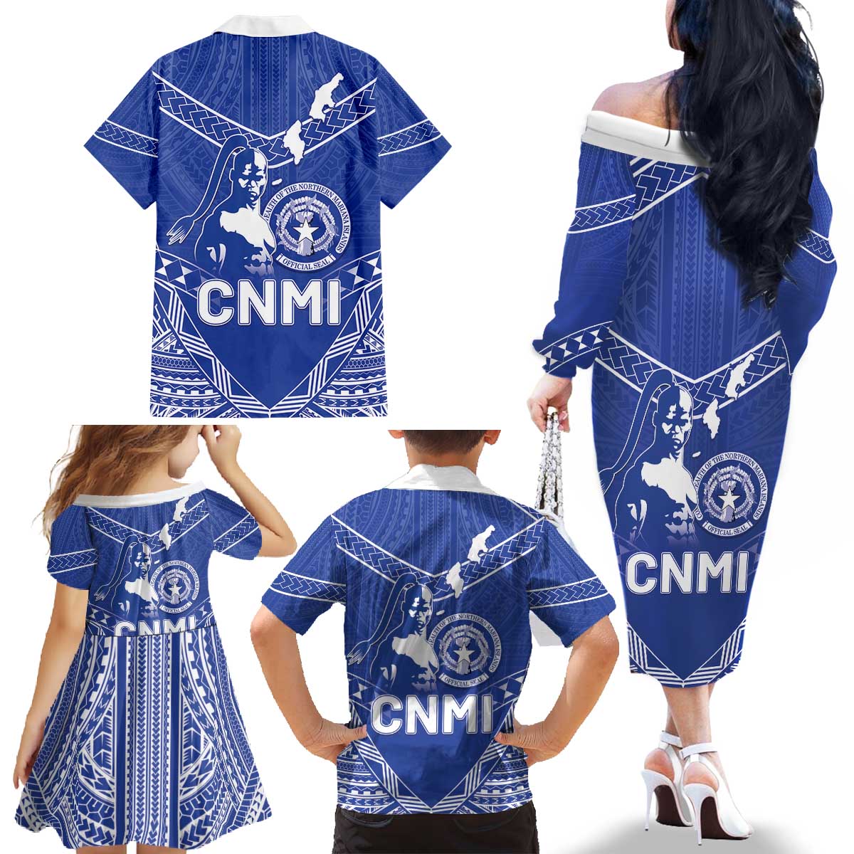 Northern Mariana Islands Family Matching Off The Shoulder Long Sleeve Dress and Hawaiian Shirt Chamorro Warrior Tribal Pattern LT05 - Polynesian Pride