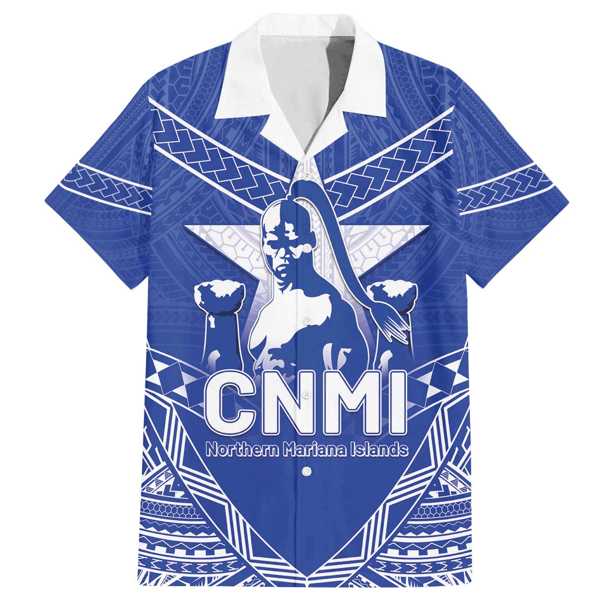 Northern Mariana Islands Family Matching Off The Shoulder Long Sleeve Dress and Hawaiian Shirt Chamorro Warrior Tribal Pattern LT05 Dad's Shirt - Short Sleeve Blue - Polynesian Pride