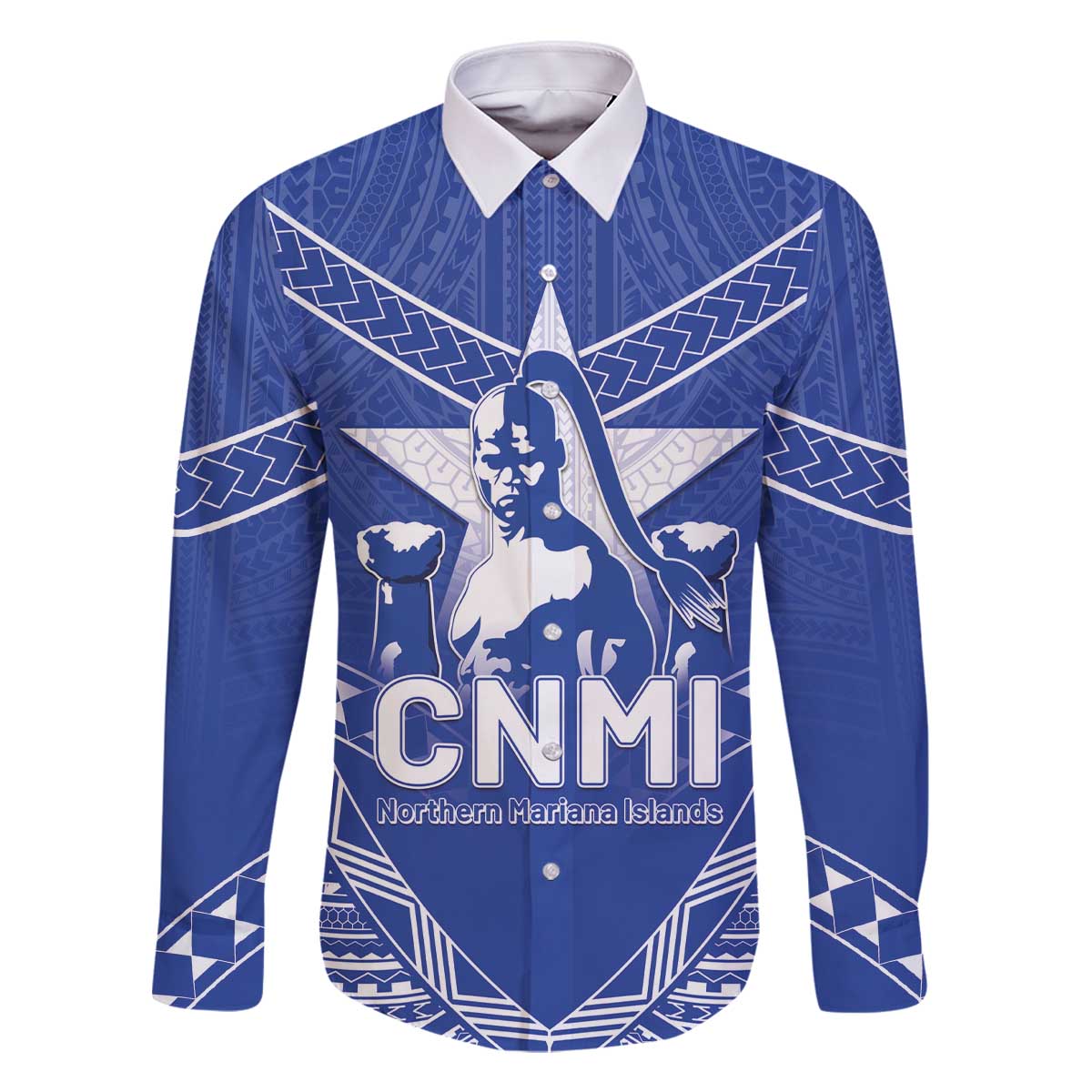 Northern Mariana Islands Family Matching Off The Shoulder Long Sleeve Dress and Hawaiian Shirt Chamorro Warrior Tribal Pattern LT05 Dad's Shirt - Long Sleeve Blue - Polynesian Pride