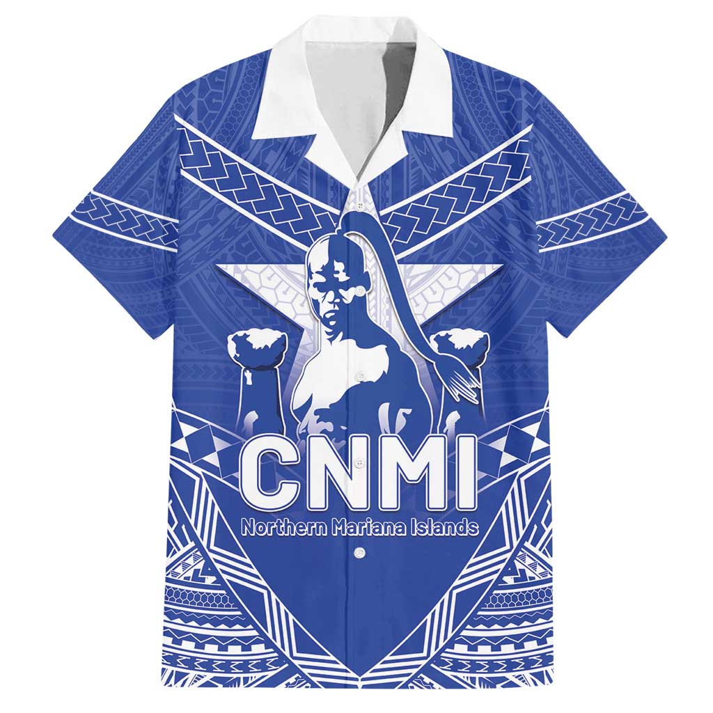 Northern Mariana Islands Family Matching Off Shoulder Maxi Dress and Hawaiian Shirt Chamorro Warrior Tribal Pattern LT05 Dad's Shirt - Short Sleeve Blue - Polynesian Pride