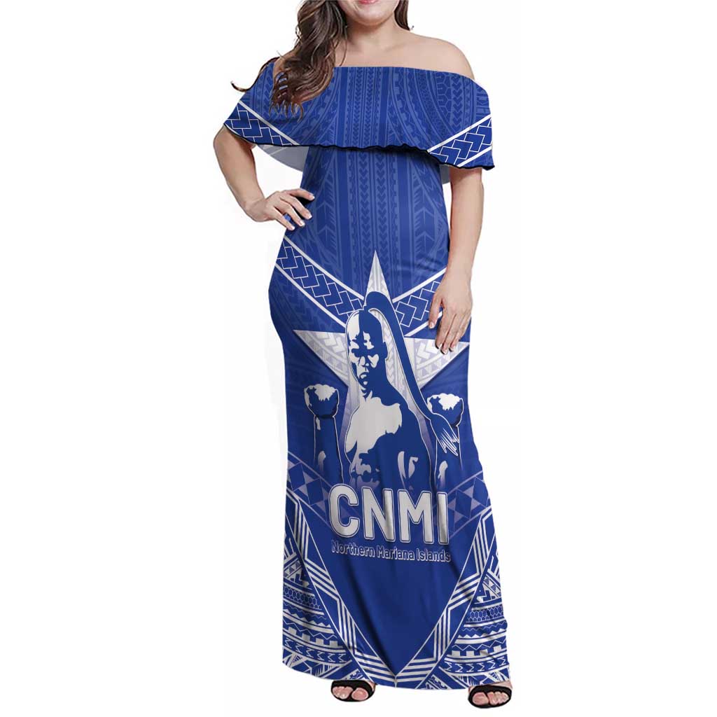 Northern Mariana Islands Family Matching Off Shoulder Maxi Dress and Hawaiian Shirt Chamorro Warrior Tribal Pattern LT05 Mom's Dress Blue - Polynesian Pride
