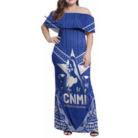 Northern Mariana Islands Family Matching Off Shoulder Maxi Dress and Hawaiian Shirt Chamorro Warrior Tribal Pattern LT05 Mom's Dress Blue - Polynesian Pride
