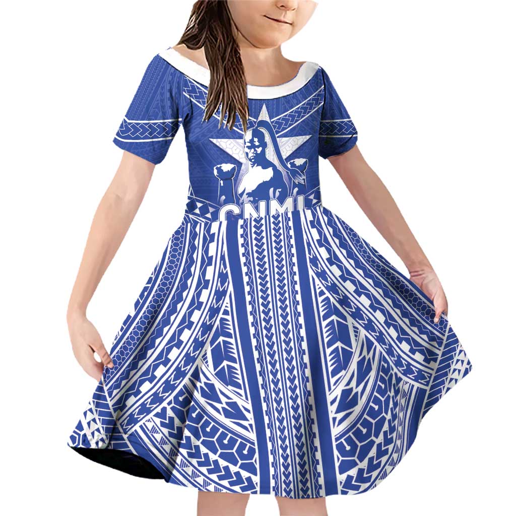 Northern Mariana Islands Family Matching Off Shoulder Short Dress and Hawaiian Shirt Chamorro Warrior Tribal Pattern LT05 Daughter's Dress Blue - Polynesian Pride