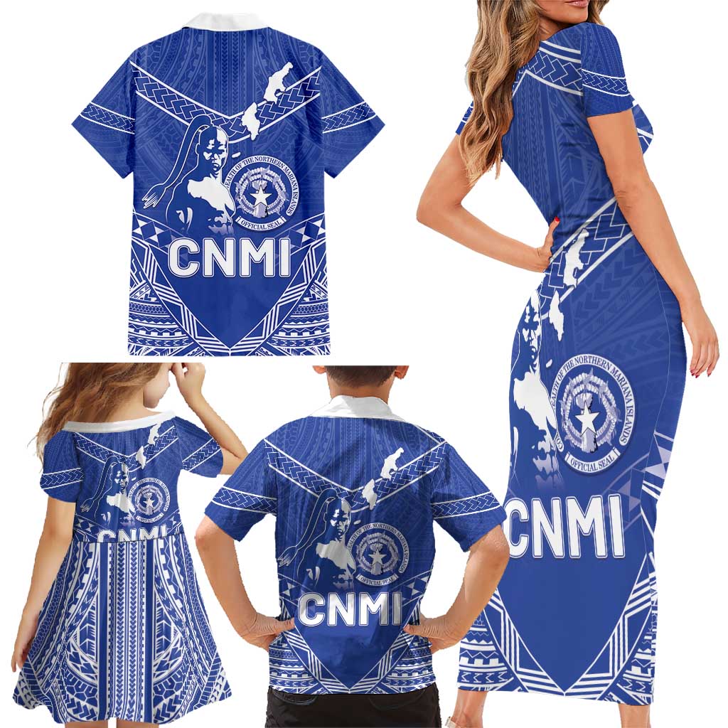 Northern Mariana Islands Family Matching Short Sleeve Bodycon Dress and Hawaiian Shirt Chamorro Warrior Tribal Pattern LT05 - Polynesian Pride