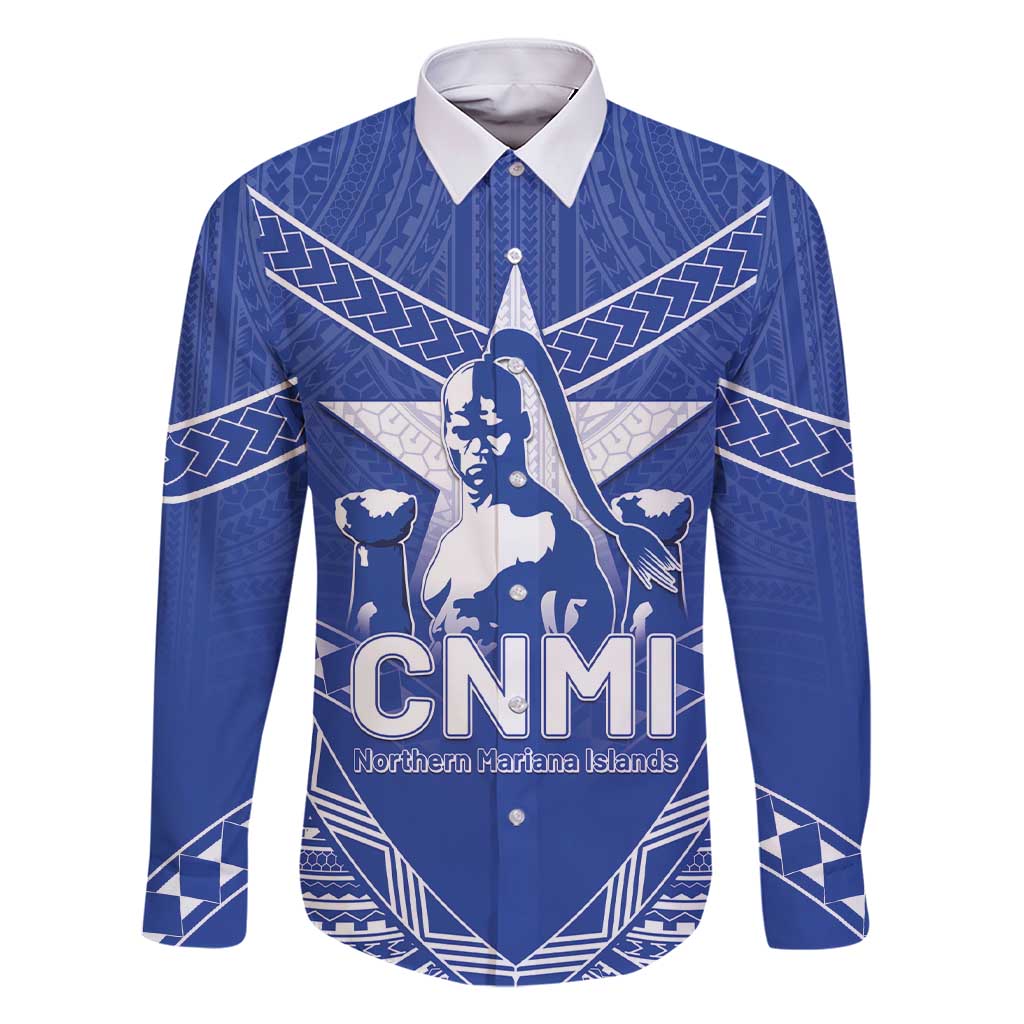 Northern Mariana Islands Family Matching Short Sleeve Bodycon Dress and Hawaiian Shirt Chamorro Warrior Tribal Pattern LT05 Dad's Shirt - Long Sleeve Blue - Polynesian Pride