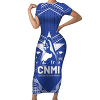 Northern Mariana Islands Family Matching Short Sleeve Bodycon Dress and Hawaiian Shirt Chamorro Warrior Tribal Pattern LT05 Mom's Dress Blue - Polynesian Pride