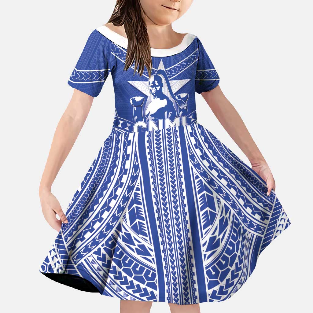Northern Mariana Islands Family Matching Summer Maxi Dress and Hawaiian Shirt Chamorro Warrior Tribal Pattern LT05 Daughter's Dress Blue - Polynesian Pride