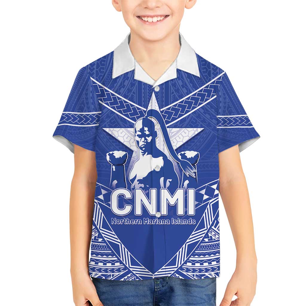 Northern Mariana Islands Family Matching Tank Maxi Dress and Hawaiian Shirt Chamorro Warrior Tribal Pattern LT05 Son's Shirt Blue - Polynesian Pride