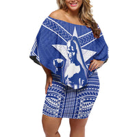 Northern Mariana Islands Off Shoulder Short Dress Chamorro Warrior Tribal Pattern LT05 Women Blue - Polynesian Pride