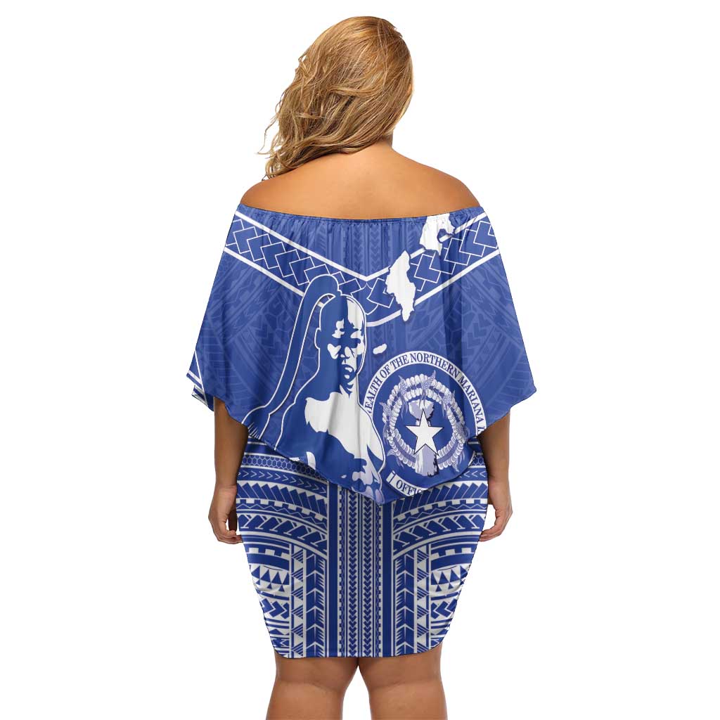 Northern Mariana Islands Off Shoulder Short Dress Chamorro Warrior Tribal Pattern LT05 - Polynesian Pride