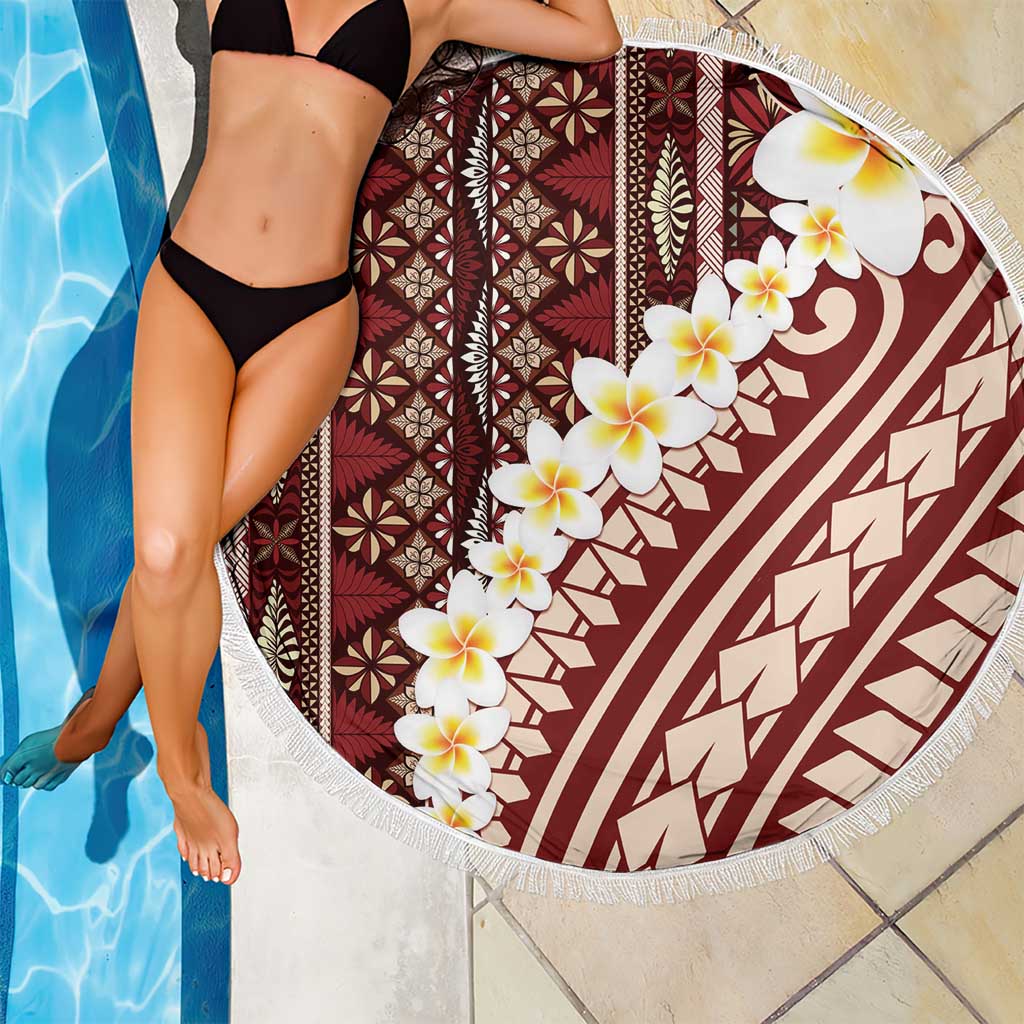 Red Vintage Tonga Ngatu Pattern With Plumeria Beach Blanket - Polynesian Pride