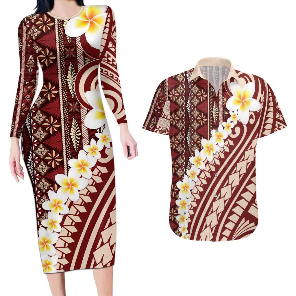 Red Vintage Tonga Ngatu Pattern With Plumeria Couples Matching Long Sleeve Bodycon Dress and Hawaiian Shirt LT05 Red - Polynesian Pride