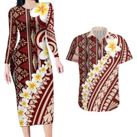 Red Vintage Tonga Ngatu Pattern With Plumeria Couples Matching Long Sleeve Bodycon Dress and Hawaiian Shirt LT05 Red - Polynesian Pride