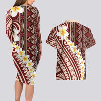 Red Vintage Tonga Ngatu Pattern With Plumeria Couples Matching Long Sleeve Bodycon Dress and Hawaiian Shirt LT05 - Polynesian Pride