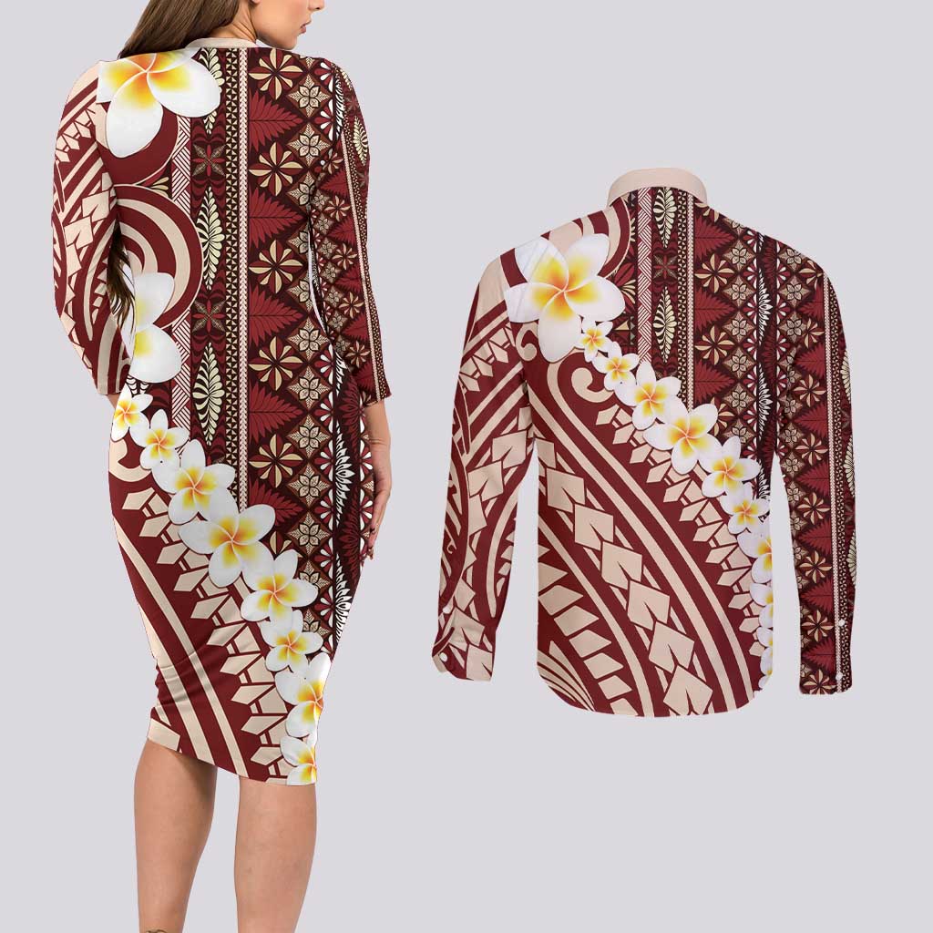 Red Vintage Tonga Ngatu Pattern With Plumeria Couples Matching Long Sleeve Bodycon Dress and Long Sleeve Button Shirt - Polynesian Pride