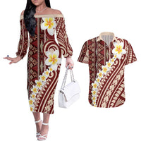 Red Vintage Tonga Ngatu Pattern With Plumeria Couples Matching Off The Shoulder Long Sleeve Dress and Hawaiian Shirt LT05 Red - Polynesian Pride