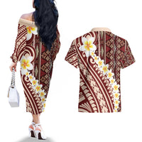 Red Vintage Tonga Ngatu Pattern With Plumeria Couples Matching Off The Shoulder Long Sleeve Dress and Hawaiian Shirt LT05 - Polynesian Pride
