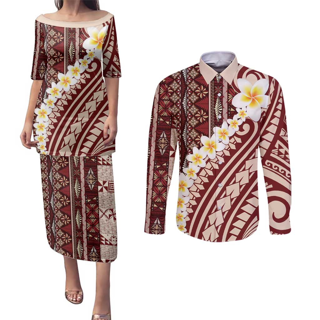 Red Vintage Tonga Ngatu Pattern With Plumeria Couples Matching Puletasi and Long Sleeve Button Shirt LT05 Red - Polynesian Pride