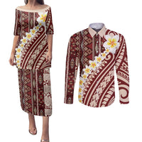 Red Vintage Tonga Ngatu Pattern With Plumeria Couples Matching Puletasi and Long Sleeve Button Shirt LT05 Red - Polynesian Pride