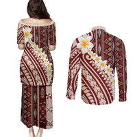 Red Vintage Tonga Ngatu Pattern With Plumeria Couples Matching Puletasi and Long Sleeve Button Shirt LT05 - Polynesian Pride