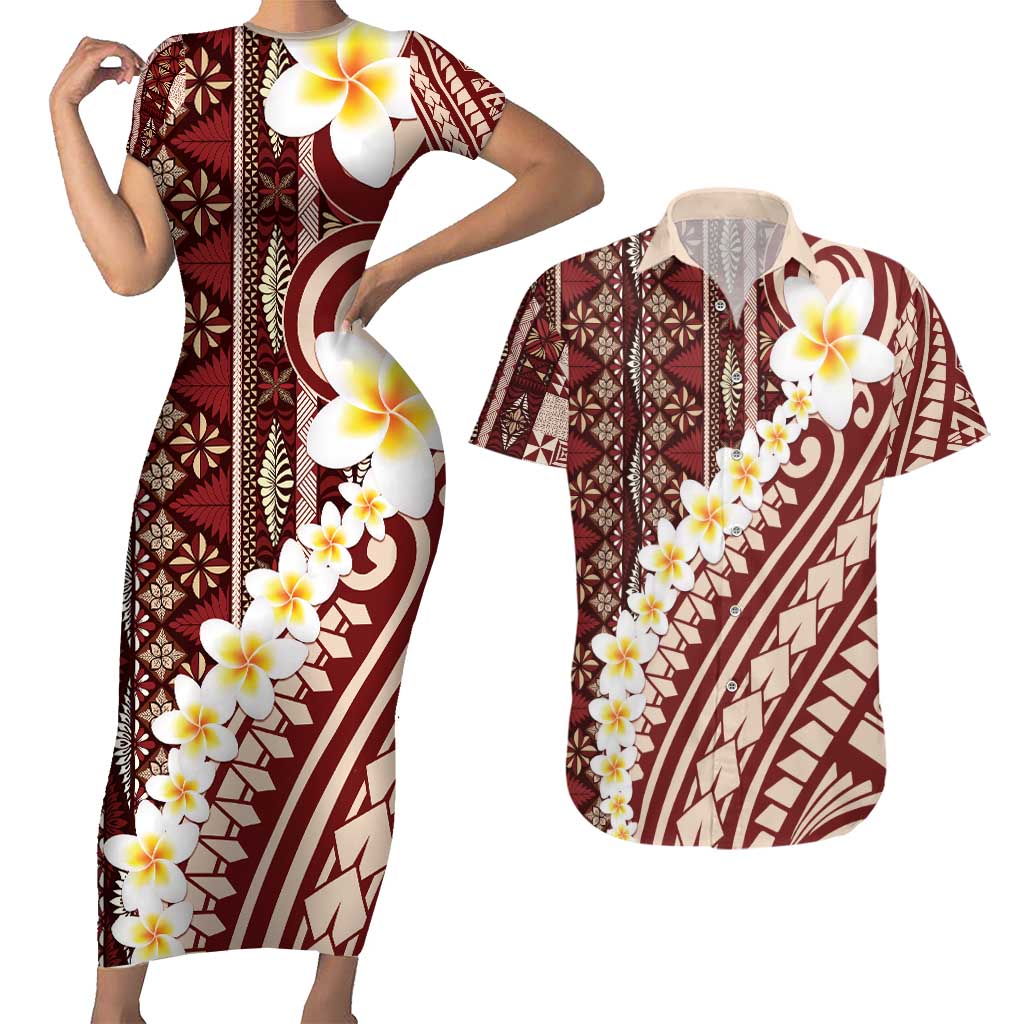 Red Vintage Tonga Ngatu Pattern With Plumeria Couples Matching Short Sleeve Bodycon Dress and Hawaiian Shirt LT05 Red - Polynesian Pride