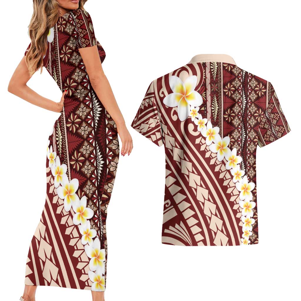 Red Vintage Tonga Ngatu Pattern With Plumeria Couples Matching Short Sleeve Bodycon Dress and Hawaiian Shirt LT05 - Polynesian Pride