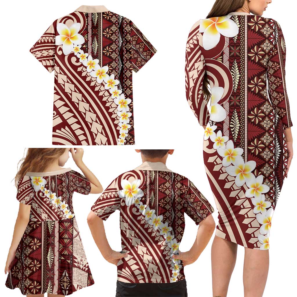 Red Vintage Tonga Ngatu Pattern With Plumeria Family Matching Long Sleeve Bodycon Dress and Hawaiian Shirt LT05 - Polynesian Pride