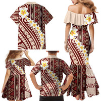 Red Vintage Tonga Ngatu Pattern With Plumeria Family Matching Mermaid Dress and Hawaiian Shirt LT05 - Polynesian Pride