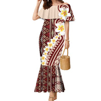 Red Vintage Tonga Ngatu Pattern With Plumeria Family Matching Mermaid Dress and Hawaiian Shirt LT05 Mom's Dress Red - Polynesian Pride