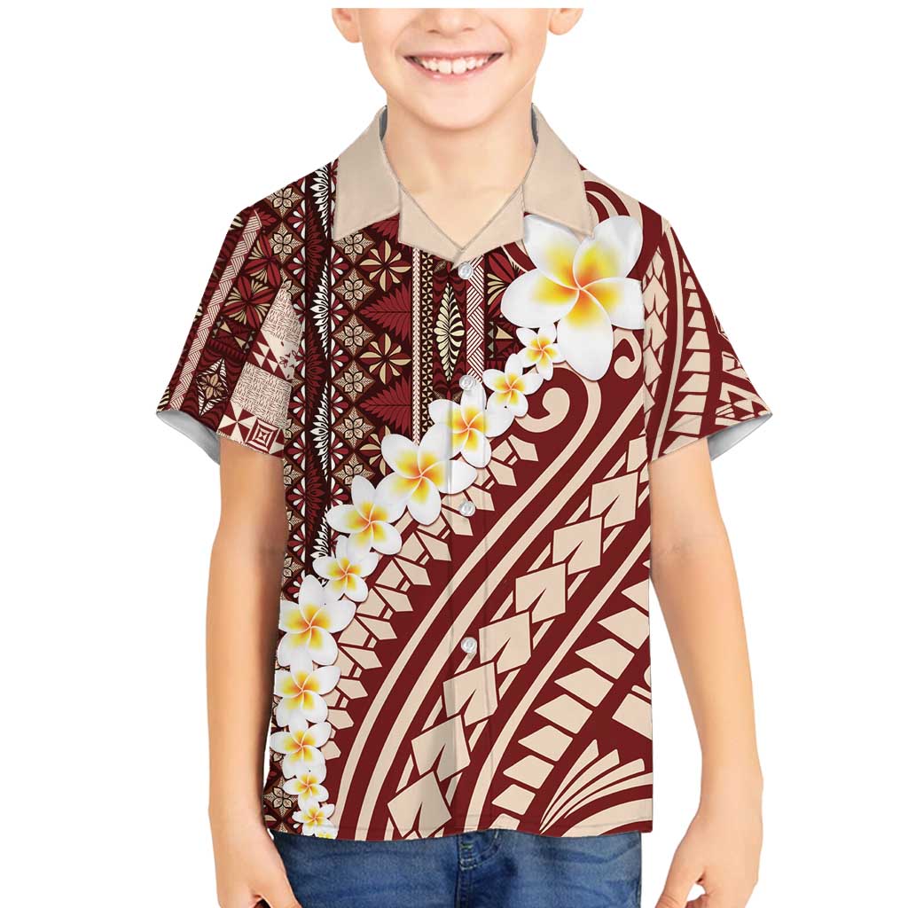 Red Vintage Tonga Ngatu Pattern With Plumeria Family Matching Mermaid Dress and Hawaiian Shirt LT05 Son's Shirt Red - Polynesian Pride