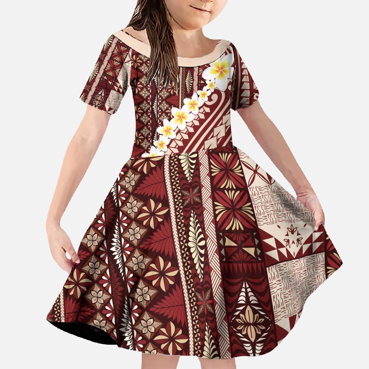 Red Vintage Tonga Ngatu Pattern With Plumeria Family Matching Off The Shoulder Long Sleeve Dress and Hawaiian Shirt LT05 Daughter's Dress Red - Polynesian Pride