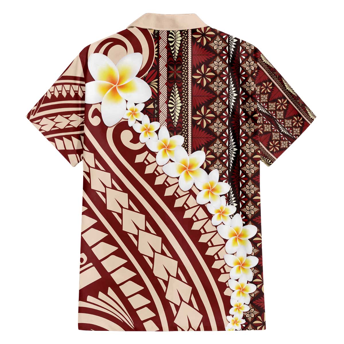 Red Vintage Tonga Ngatu Pattern With Plumeria Family Matching Off The Shoulder Long Sleeve Dress and Hawaiian Shirt LT05 - Polynesian Pride
