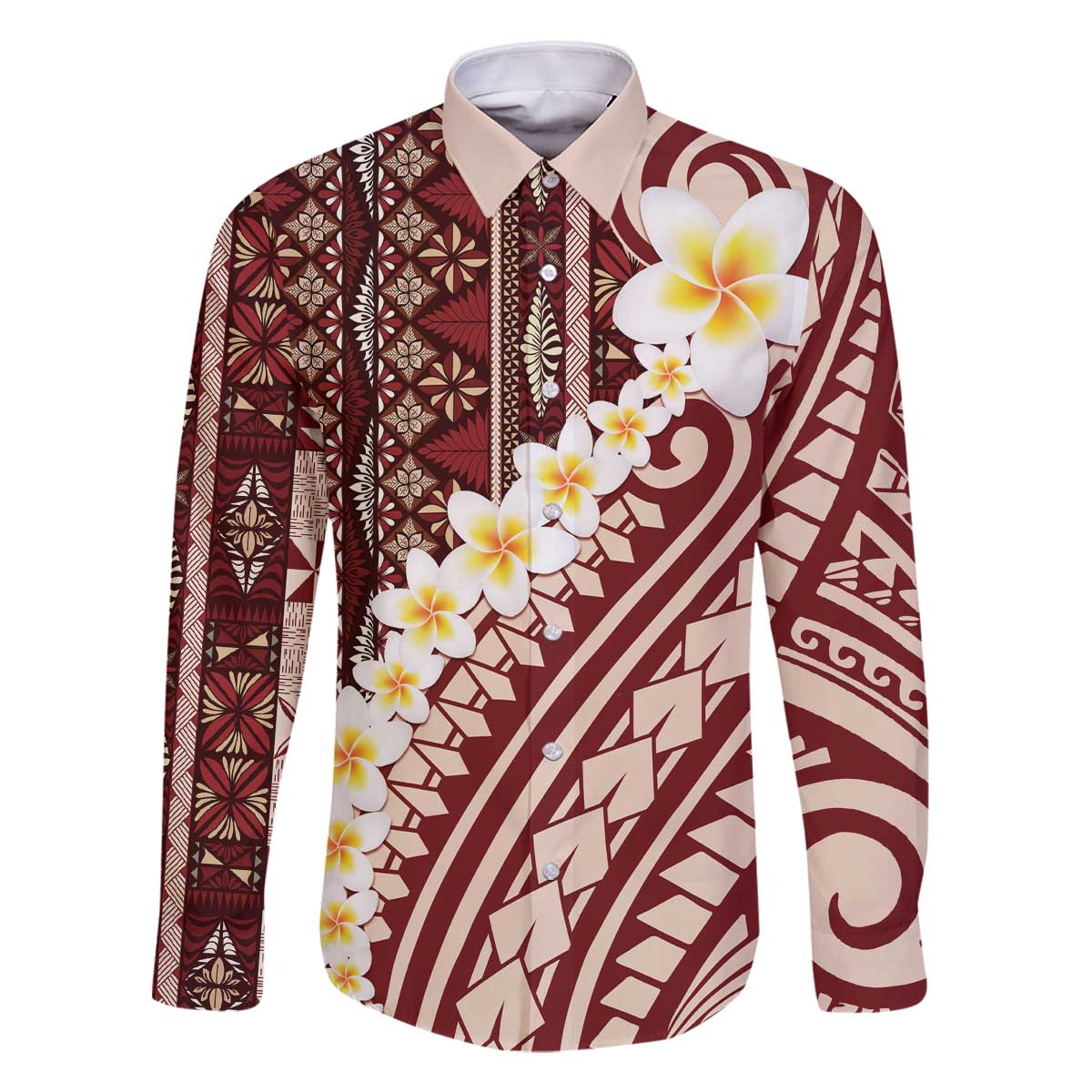 Red Vintage Tonga Ngatu Pattern With Plumeria Family Matching Off The Shoulder Long Sleeve Dress and Hawaiian Shirt LT05 Dad's Shirt - Long Sleeve Red - Polynesian Pride