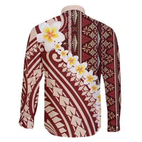 Red Vintage Tonga Ngatu Pattern With Plumeria Family Matching Off The Shoulder Long Sleeve Dress and Hawaiian Shirt LT05 - Polynesian Pride
