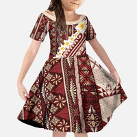 Red Vintage Tonga Ngatu Pattern With Plumeria Family Matching Off Shoulder Maxi Dress and Hawaiian Shirt LT05 Daughter's Dress Red - Polynesian Pride