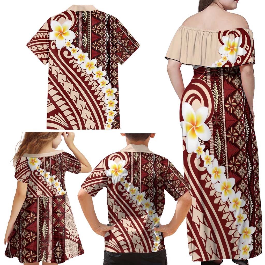 Red Vintage Tonga Ngatu Pattern With Plumeria Family Matching Off Shoulder Maxi Dress and Hawaiian Shirt LT05 - Polynesian Pride