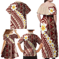 Red Vintage Tonga Ngatu Pattern With Plumeria Family Matching Off Shoulder Maxi Dress and Hawaiian Shirt LT05 - Polynesian Pride