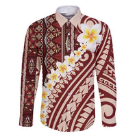 Red Vintage Tonga Ngatu Pattern With Plumeria Family Matching Off Shoulder Maxi Dress and Hawaiian Shirt LT05 Dad's Shirt - Long Sleeve Red - Polynesian Pride