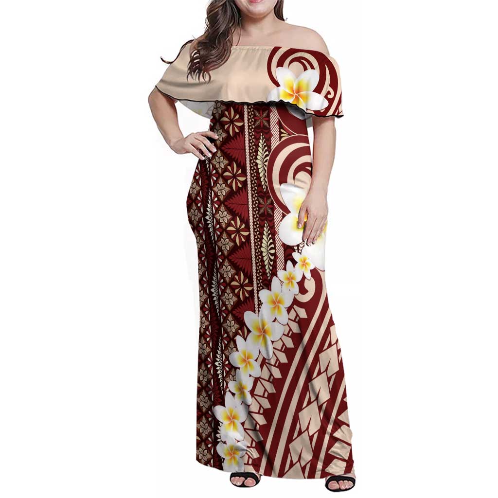 Red Vintage Tonga Ngatu Pattern With Plumeria Family Matching Off Shoulder Maxi Dress and Hawaiian Shirt LT05 Mom's Dress Red - Polynesian Pride
