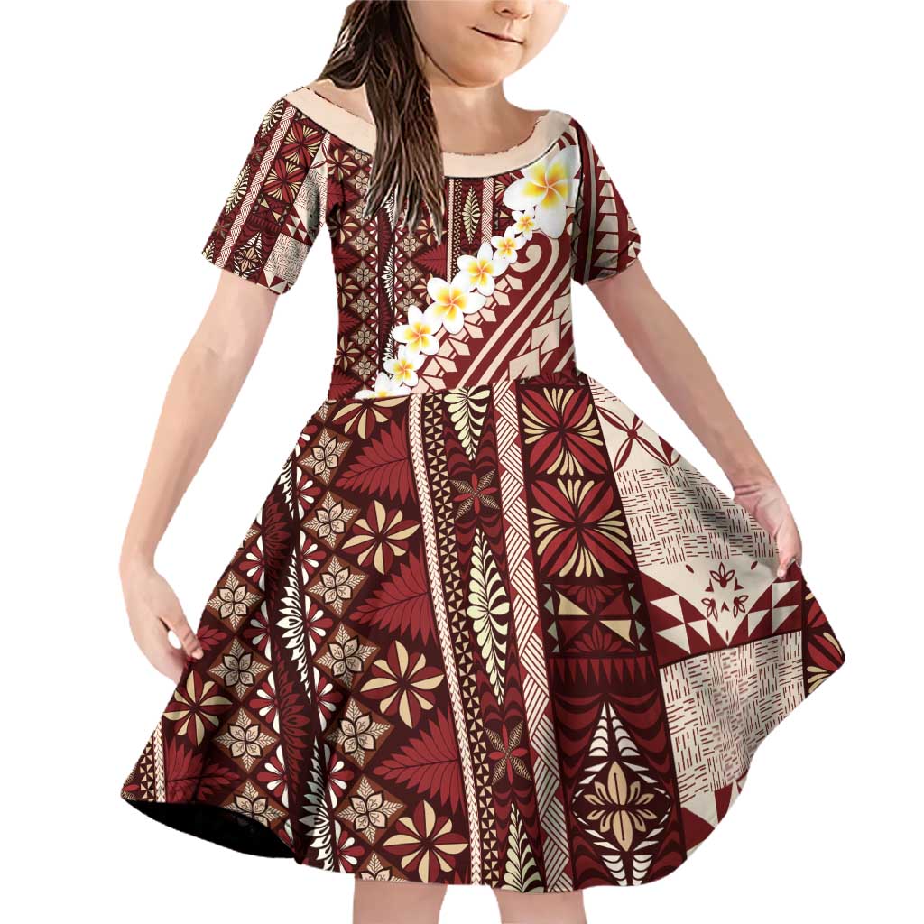 Red Vintage Tonga Ngatu Pattern With Plumeria Family Matching Off Shoulder Short Dress and Hawaiian Shirt LT05 Daughter's Dress Red - Polynesian Pride