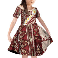 Red Vintage Tonga Ngatu Pattern With Plumeria Family Matching Off Shoulder Short Dress and Hawaiian Shirt LT05 Daughter's Dress Red - Polynesian Pride