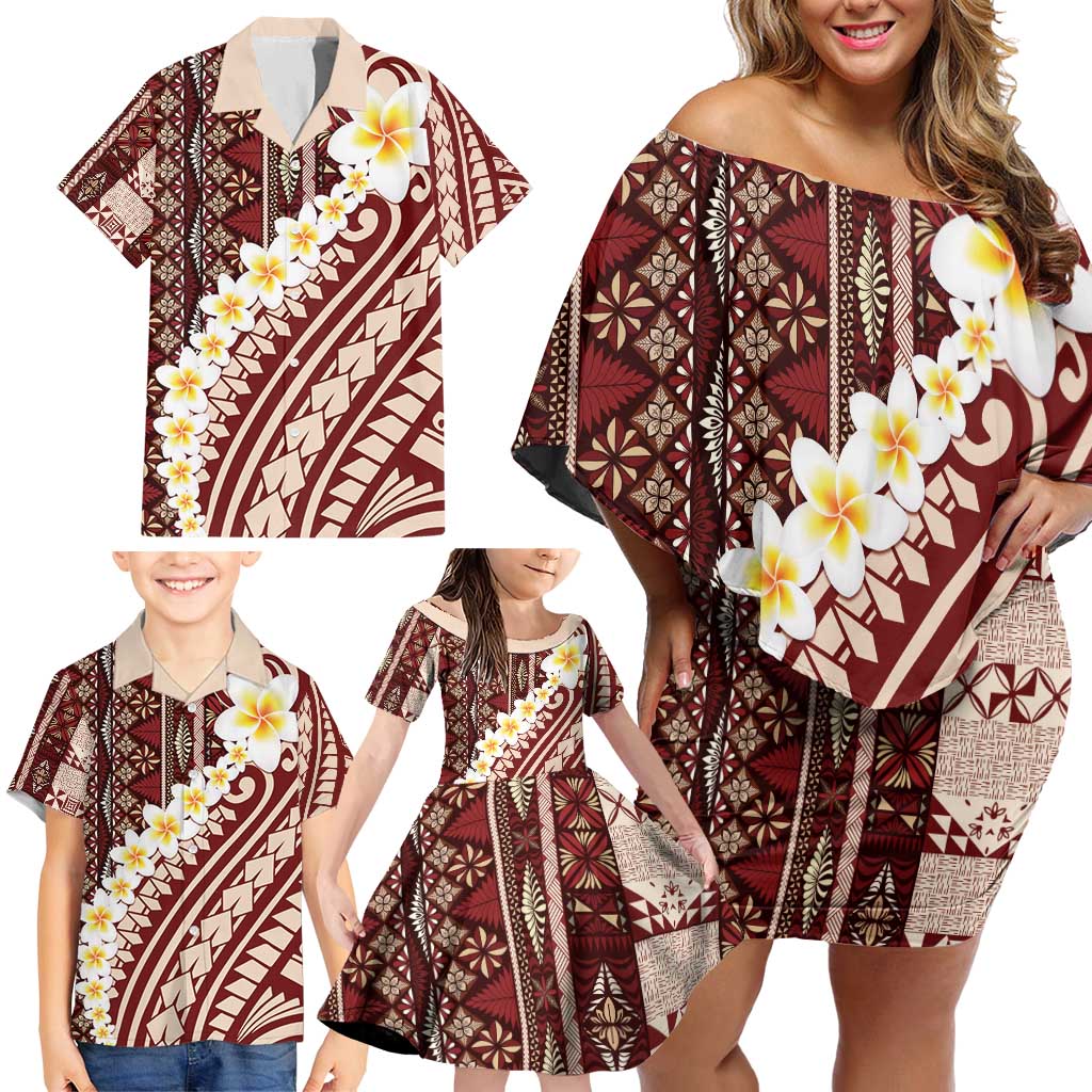 Red Vintage Tonga Ngatu Pattern With Plumeria Family Matching Off Shoulder Short Dress and Hawaiian Shirt LT05 - Polynesian Pride
