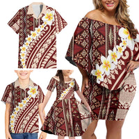 Red Vintage Tonga Ngatu Pattern With Plumeria Family Matching Off Shoulder Short Dress and Hawaiian Shirt LT05 - Polynesian Pride