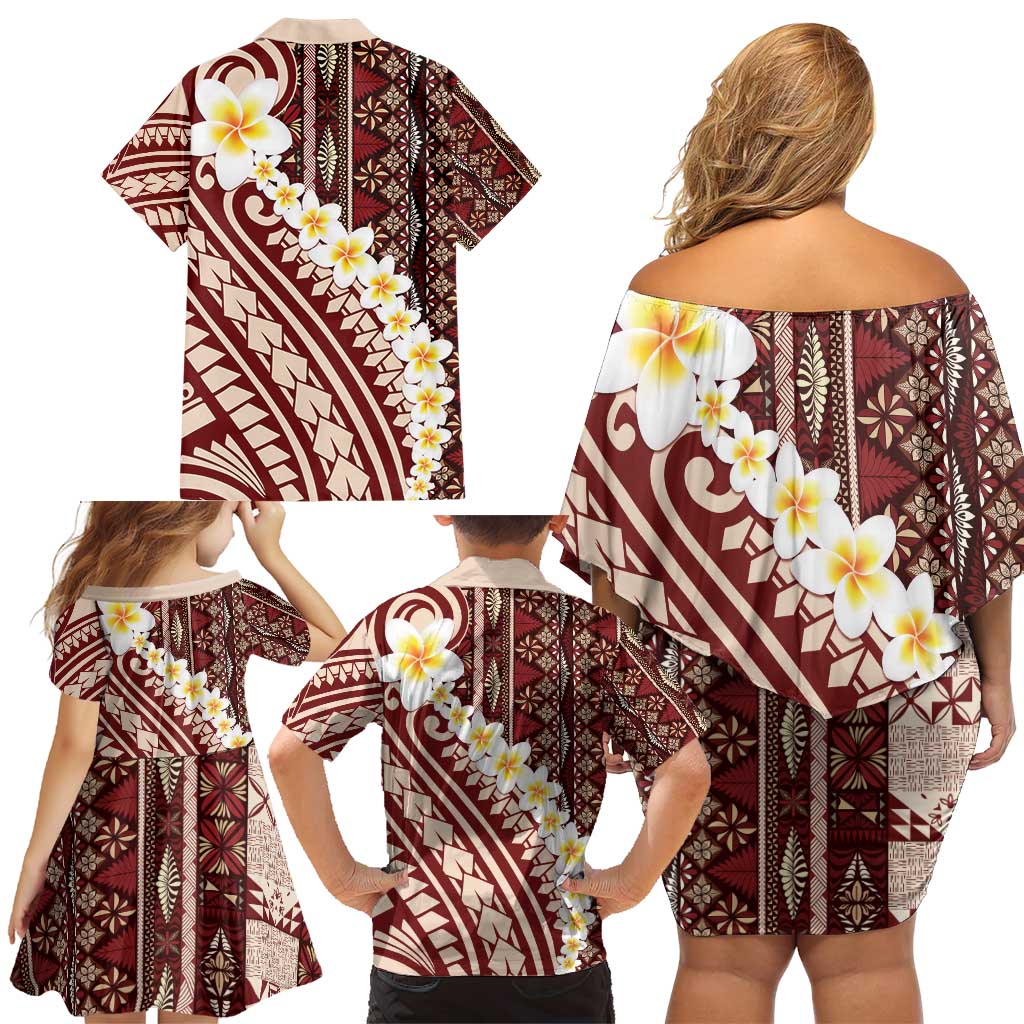 Red Vintage Tonga Ngatu Pattern With Plumeria Family Matching Off Shoulder Short Dress and Hawaiian Shirt LT05 - Polynesian Pride