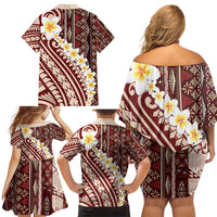Red Vintage Tonga Ngatu Pattern With Plumeria Family Matching Off Shoulder Short Dress and Hawaiian Shirt LT05 - Polynesian Pride